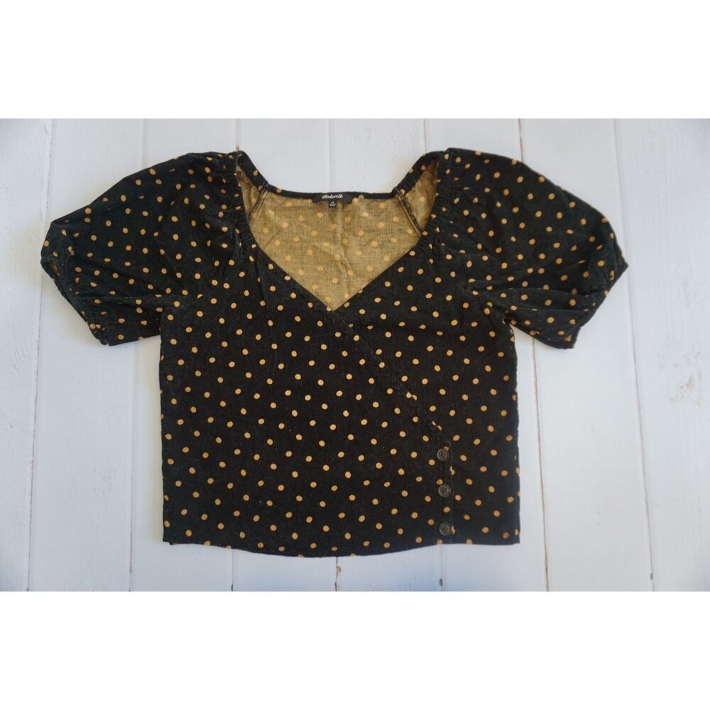 Madewell Corduroy Puff Sleeve Wrap Top, Black with Tan Dots, Size XS
